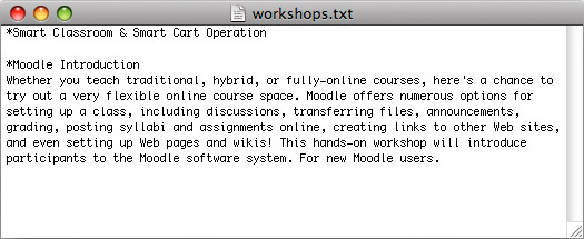 The text file that generates the list of workshops