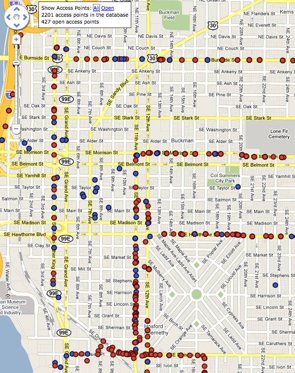 Wifi Access Points in Portland. Red: encrypted, Blue: open