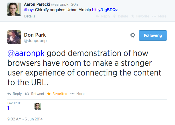 good demonstration of how browsers have room to make a stronger user experience of connecting the content to the URL