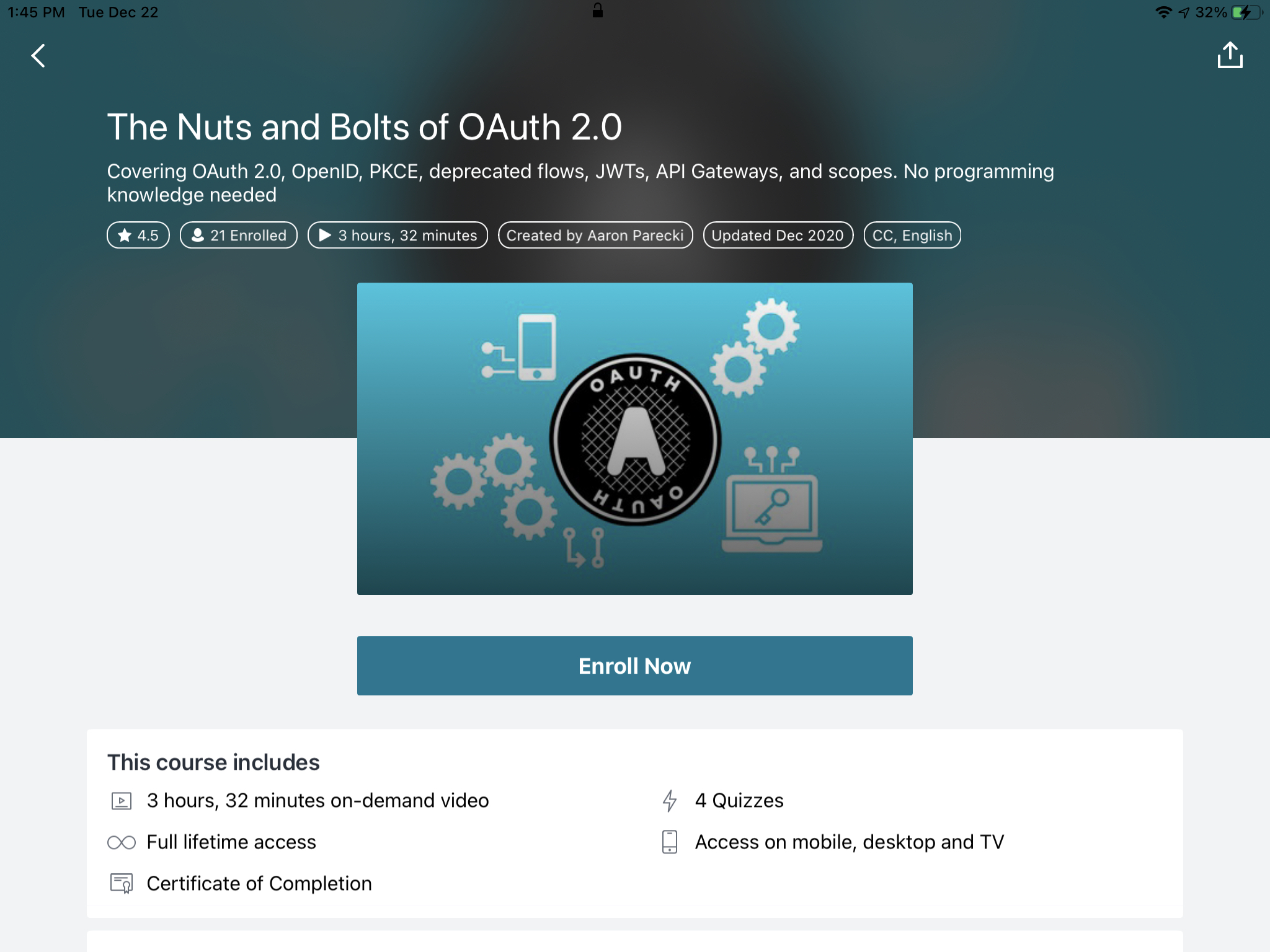 Screenshot of OAuth course on Udemy