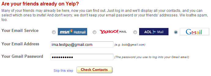 yelp asks you to enter your gmail password