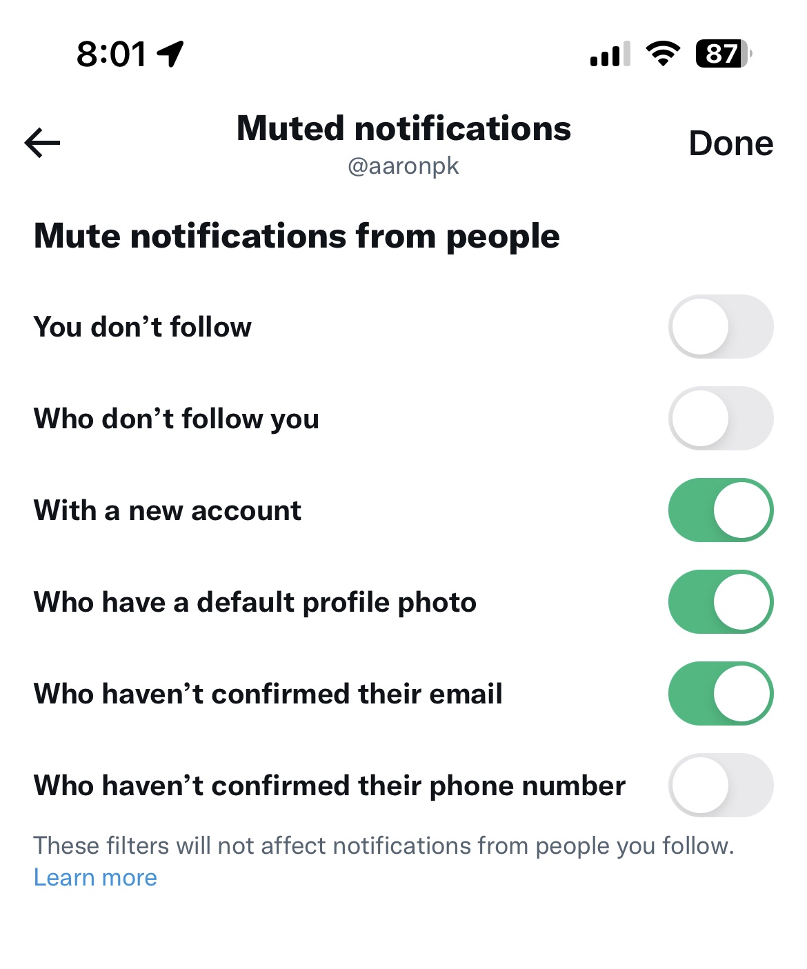 screenshot of Twitter notification options